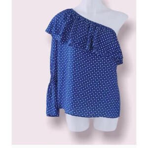 Michael Kors Royal Blue White Dots Ruffle One Shoulder Top Blouse L NWT
